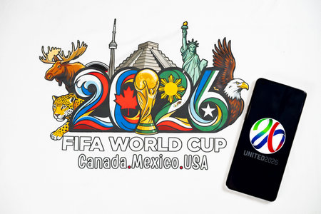 ZHONGSHAN China-March 15 2026: T shirt with the 2026 FIFA World Cup figure and mobile with World Cup...