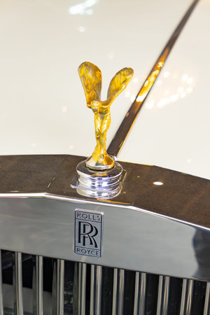 Zhongshan China-November 28 2025: iconic Spirit of Ecstasy hood ornament for a Rolls Royce car.