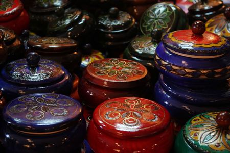 Colorful wooden boxes exposed in a market stall in Krakow, Poland.の写真素材