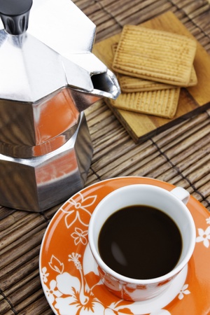 Italian mocha coffee maker with an espresso.の写真素材