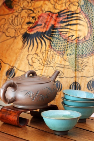 An Asian tea set on a colorful background.のeditorial素材