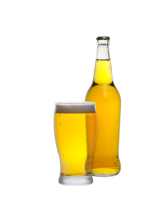 Glass and bottle of cider isolated on a white backgroundの写真素材