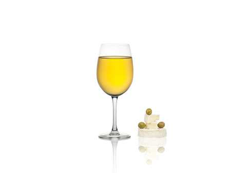 Glass of wine and cheese isolated on a white backgroundの写真素材