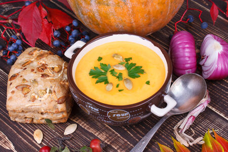 Fresh cooked pumpkin soup with smoked chicken breastの写真素材