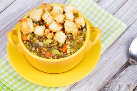 Lentil Soup with Croutonsの写真素材