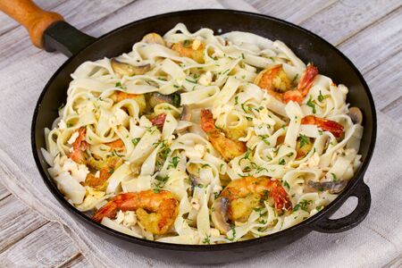 Creamy Shrimp and Mushroom Pastaの写真素材