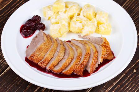 Duck breast fillet with blackberries and wine sauceの写真素材