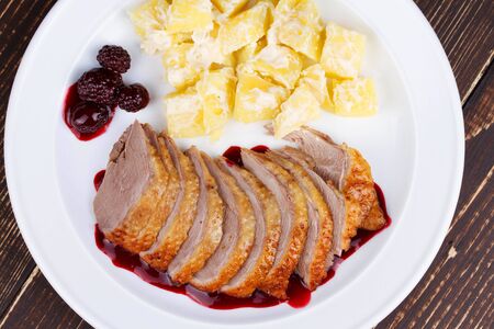 Duck breast fillet with blackberries and wine sauceの写真素材