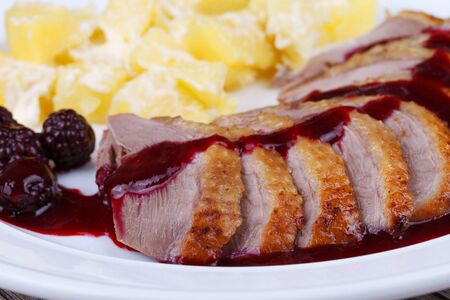 Duck breast fillet with blackberries and wine sauceの写真素材
