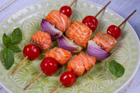 Grilled Fish and Vegetable Kebabs with Zucchiniの写真素材