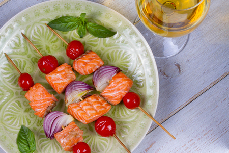 Grilled Fish and Vegetable Kebabs with Zucchiniの写真素材