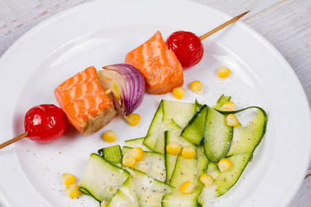 Grilled Fish and Vegetable Kebabs with Zucchiniの写真素材