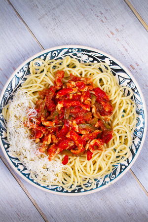 Spaghetti with Meat and Tomato Sauce; View from above, Studio Shotの写真素材