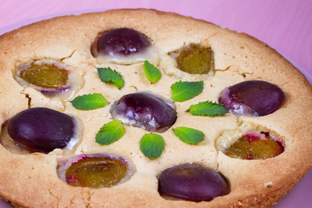 Homemade plum pie, garnished with mintの写真素材