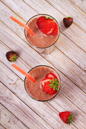 Chocolate strawberry smoothie. View from above, top studio shotの写真素材