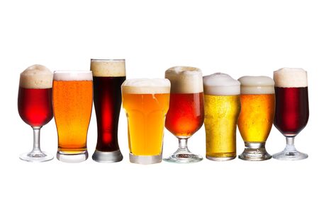 Set of various beer glasses. Different glasses of beer. Ale isolated on white backgroundの写真素材