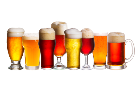 Set of various beer glasses. Different glasses of beer. Ale isolated on white backgroundの写真素材