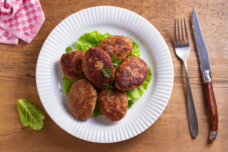 Delicious homemade burgers or cutlets. overhead, horizontalの写真素材