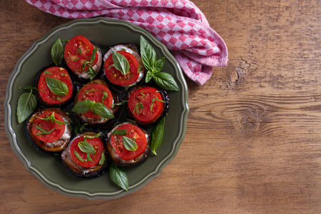 Eggplants with tomatoes and sauce. Healthy vegetarian food, appetizerの写真素材