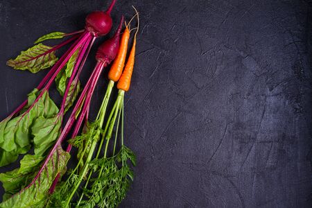 Carrots and beet - root vegetables on a black background. Summer farm vegetables. Food background, layout, room for textの写真素材