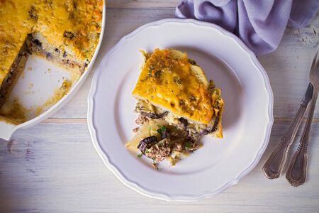 Traditional greek moussaka casserole is eggplant, potato  ground beef (or lamb) dishの写真素材
