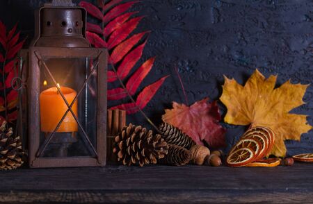 Autumn Thanksgiving decoration background with lantern, autumn leaves and pine cones. Copy space
