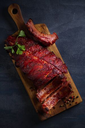 Rack of ribs with barbecue sauce. Overhead vertical imageの写真素材