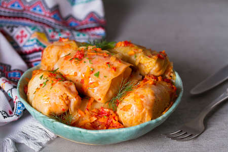 Cabbage rolls with meat, rice and vegetables. Chou farci, dolma, sarma, golubtsi or golabkiの写真素材