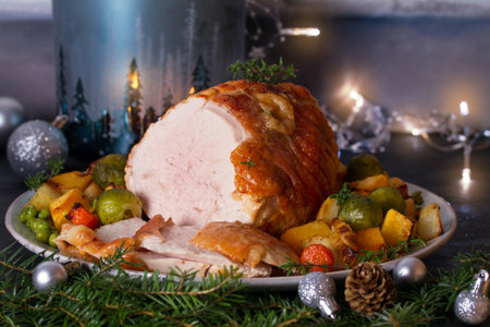Roasted turkey breast with potatoes, carrots, turnip and brussel sprouts. Christmas dinner table with decorationsの写真素材