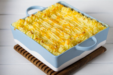 Fish pie. Mash topped seafood bakeの写真素材