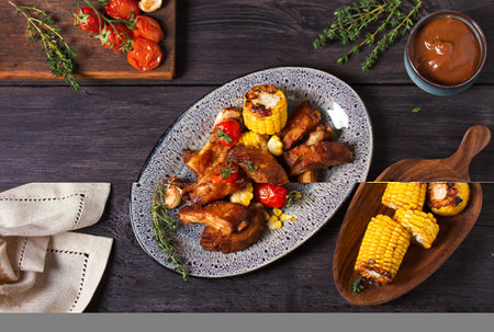 Slow cooked pork spare ribs in a barbecue sauce. View from above, top studio shotの写真素材