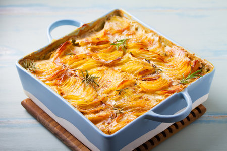 Tender creamy potato gratin. Scalloped potatoes or potato bakeの写真素材