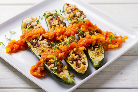 Zucchini stuffed with minced beef on plate. Zucchini boats. Loaded courgettesの写真素材