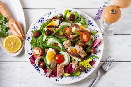 Mediterranean Tuna Salad on white plate. View from aboveの写真素材