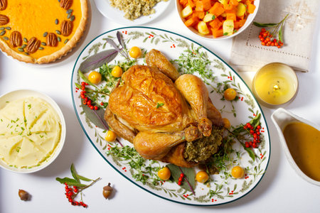 Celebration of Thanksgiving Day. Roasted chicken or turkey, mashed potatoes, vegetables and pumpkin pie. View from above, top studio shotの写真素材