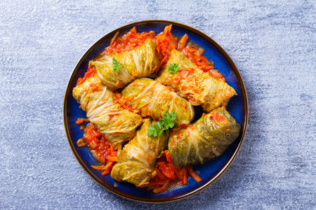 Stuffed cabbage leaves. Cabbage wraps. Chou farci, dolma, sarma, golubtsy or golabki. View from...