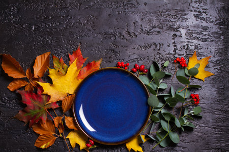 Happy Thanksgiving holiday background. Autumn menue recipe concept. View from above, top studio shot with copy spaceの写真素材