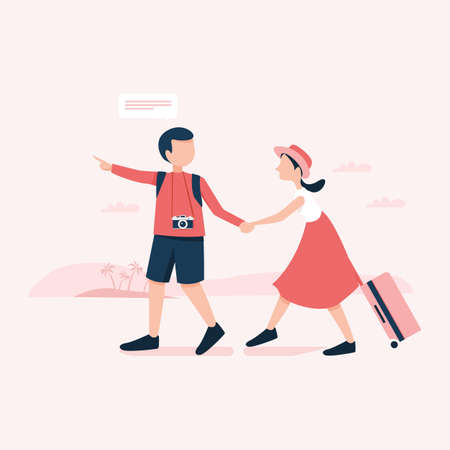 Couple are walking, dragging their luggage tourists spend the holidays to travel abroad. Traveler and lifestyle concept.のイラスト素材