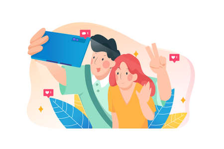 Happy couple are take selfie. Man and woman are photographed together.のイラスト素材