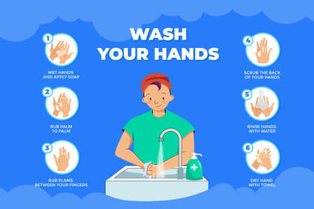 Wash your hands to prevent corona virus Vector Illustration concept. Can use for web banner, infographics, hero images. Flat illustration isolated on white background.のイラスト素材