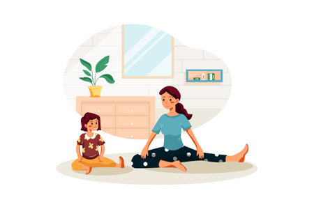 Mother and daughter sitting on the floor and playing together at home. Flat vector illustration.のイラスト素材