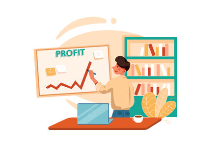 Businessman writing on flipchart. Male character drawing on blackboard, flat vector illustration.のイラスト素材