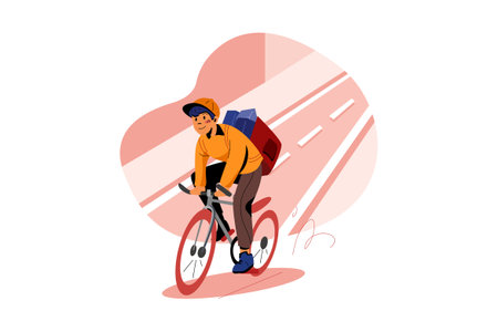 Cyclist with backpack riding a bicycle on the road. Vector illustration.のイラスト素材