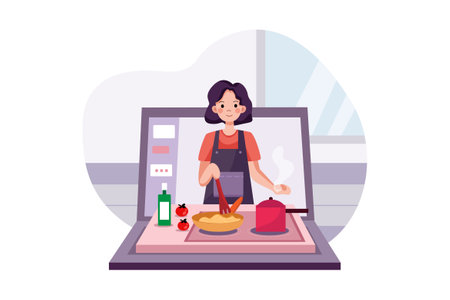 Online cooking courses concept. Young woman cooking on laptop screen. Vector illustration in a flat styleのイラスト素材