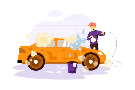 Car wash flat color vector faceless character. Washing automobile with soap and water isolated cartoon illustration for web graphic design and animationのイラスト素材