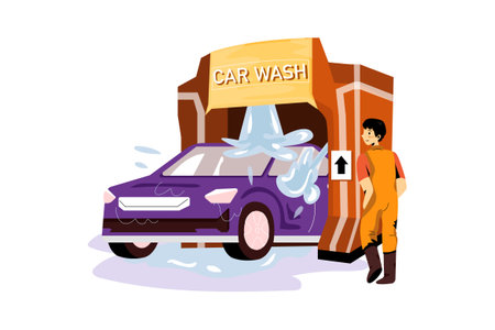 Car wash service flat color vector faceless character. Automobile wash. Washing with soap and shampoo.のイラスト素材