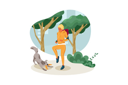 Young woman walking with her dog in the park, flat vector illustration.のイラスト素材