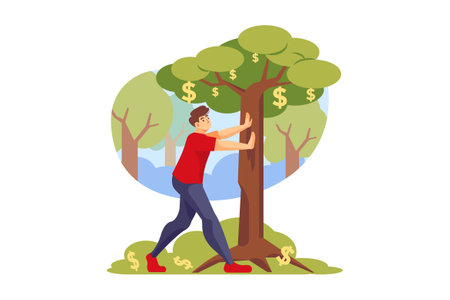 Man with dollar sign climbing tree flat vector illustration isolated on white background.のイラスト素材