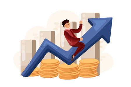 Businessman climbing up on arrow. Successful business concept. Vector illustration in a flat styleのイラスト素材