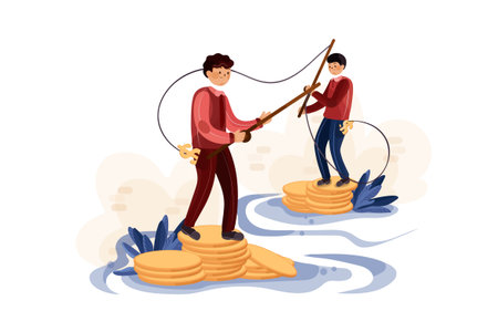 Saving money concept. Vector illustration in flat cartoon style. A man and a woman are collecting coins.のイラスト素材